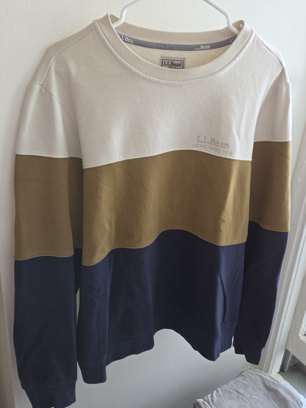 L.L. Bean Men's Colorblock Crewneck Sweater - Cream, Tan, Navy